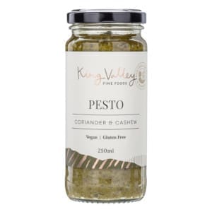 King Valley coriander cashew pesto jar, vegan, gluten-free, 250ml, black lid, white label.