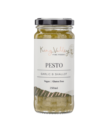 Glass jar of vegan, gluten-free garlic shallot pesto, 250ml, King Valley Fine Foods.