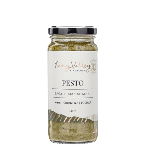 Jar of King Valley Fine Foods pesto, sage macadamia flavor, vegan, gluten-free, 250ml.