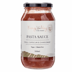 500ml jar of vegan, gluten-free pasta sauce with chili, capsicum, chardonnay, black lid.