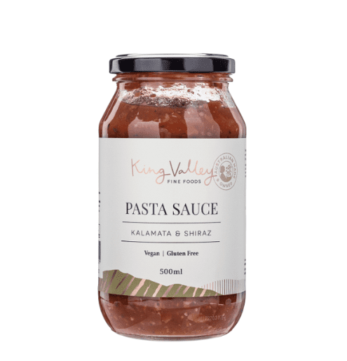 500ml jar of King Valley Fine Foods pasta sauce, Kalamata & Shiraz, vegan, gluten-free.