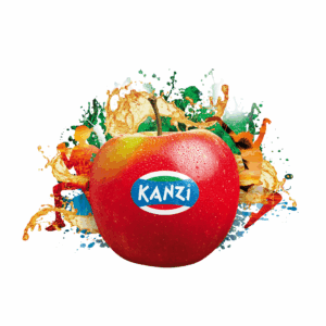 Red apple with "Kanzi" label, colorful splashes, and silhouette of a person in action.
