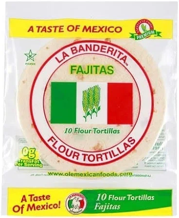 La Banderita 10 flour tortillas package, Mexican flag colors, 0g trans fat highlighted.
