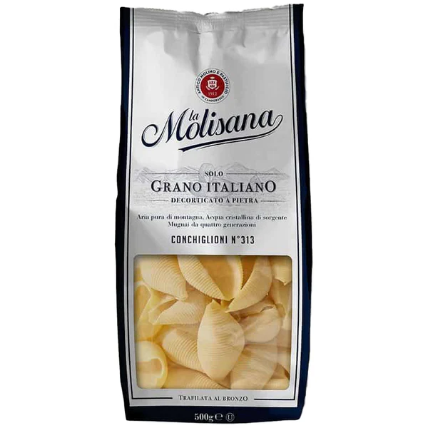 La Molisana Conchiglioni N°313 pasta, 500g, Solo Grano Italiano, shell-shaped, window view.