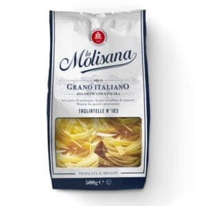 La Molisana tagliatelle pasta, 500g, 100% Italian wheat, blue/white packaging, window view.