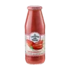 Glass bottle of Italian tomato sauce with checkered cap and decorative label.