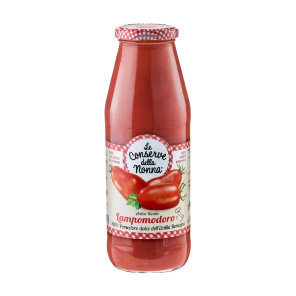 Glass bottle of Italian tomato sauce with checkered cap and decorative label.