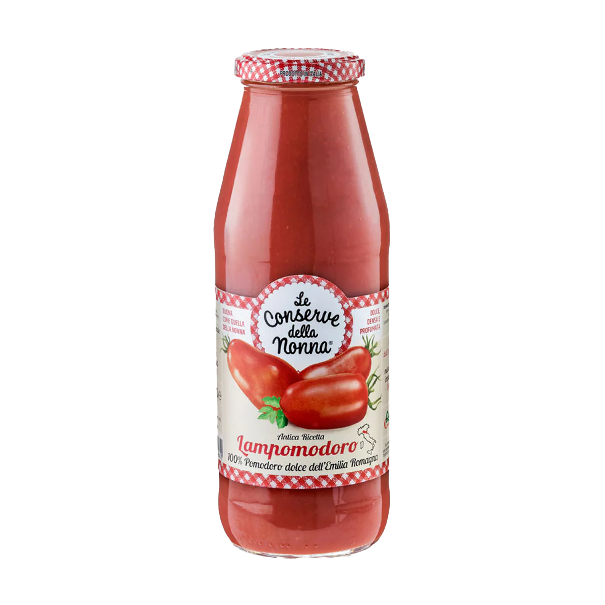 Glass bottle of Italian tomato sauce with checkered cap and decorative label.