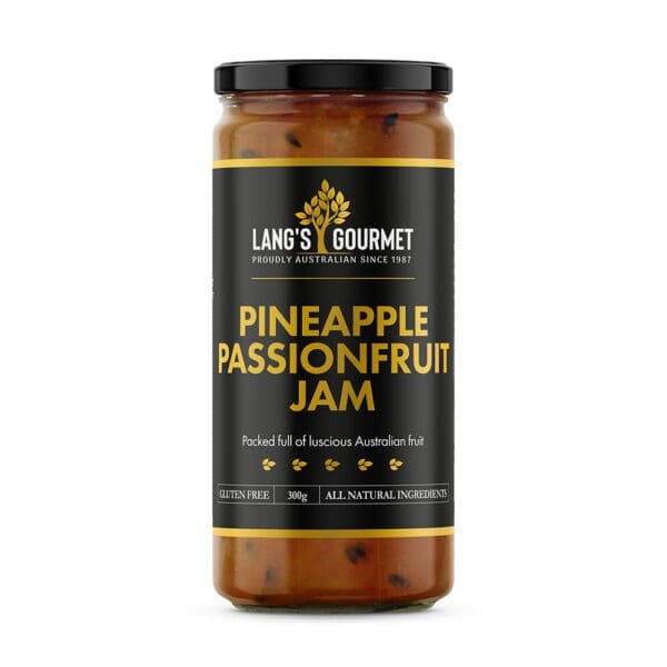 Lang's Gourmet Pineapple Passionfruit Jam, Australian fruit, gluten-free, 300g, black label.