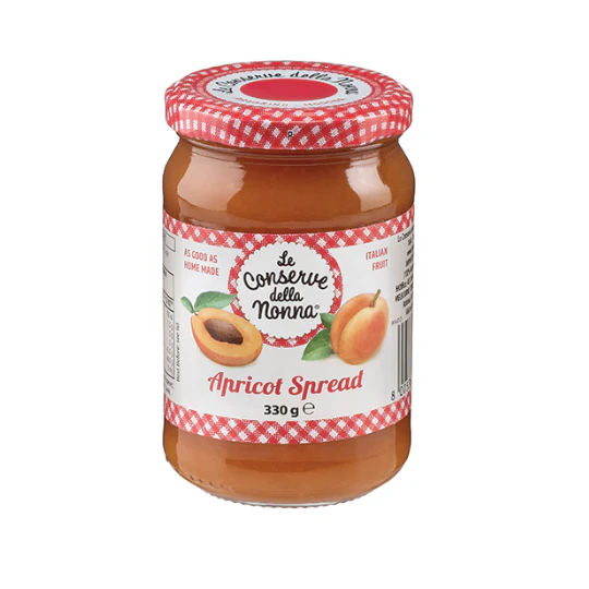 Jar of apricot spread, Le Conserve della Nonna, 330g, red checkered lid and label.