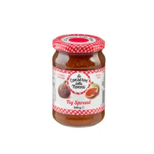 Jar of 340g fig jam with fig illustration, labeled "Le Conserve Della Nonna," made in Italy.