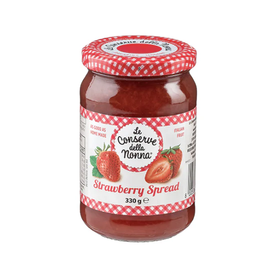 Glass jar of Italian strawberry jam, red checkered lid, 330g, labeled "Le conserve della nonna".