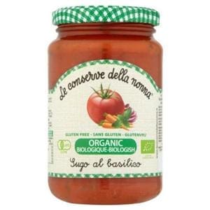 Jar of organic tomato sauce with basil, labeled "Le conserve della nonna," 350g, Italy.