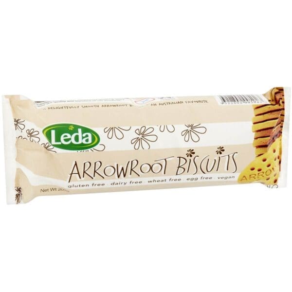 Leda Arrowroot Biscuits packaging, stating gluten-free, dairy-free, and vegan; 205 grams.