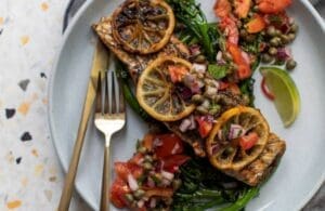 Lemon Pepper Fish with Greens & Salsa