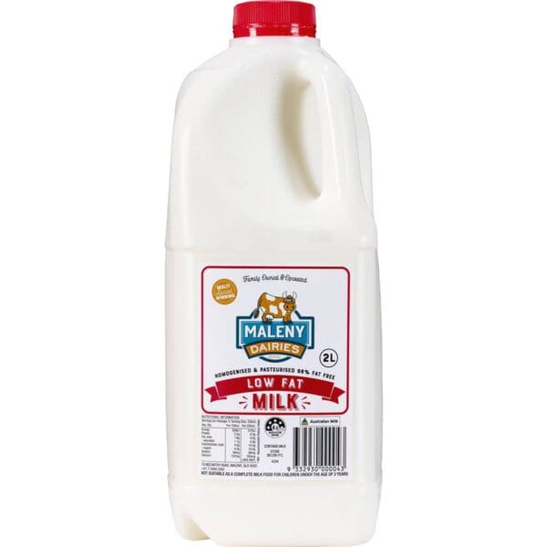 2-liter plastic bottle of low-fat milk with logo, branding, nutritional info, red cap.