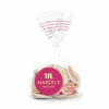 Plastic bag with 24 small pancakes labeled "Petite Happy Pancakes," 200g, pink logo.
