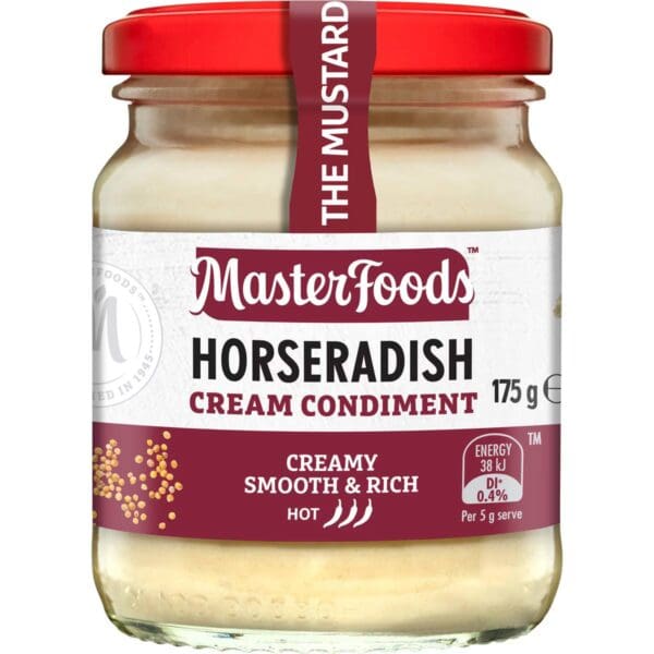 A 175g jar of MasterFoods Horseradish Cream Condiment with nutritional details and red lid.