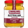 Jar of MasterFoods Australian mustard, sweet, savory, medium heat, 175g, red lid visible.