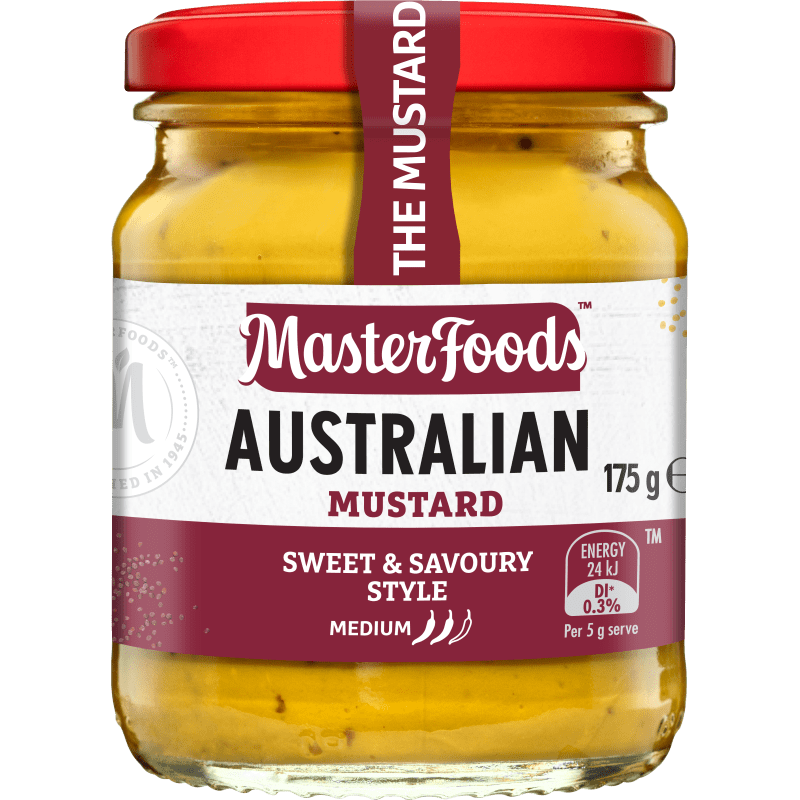 Jar of MasterFoods Australian mustard, sweet, savory, medium heat, 175g, red lid visible.