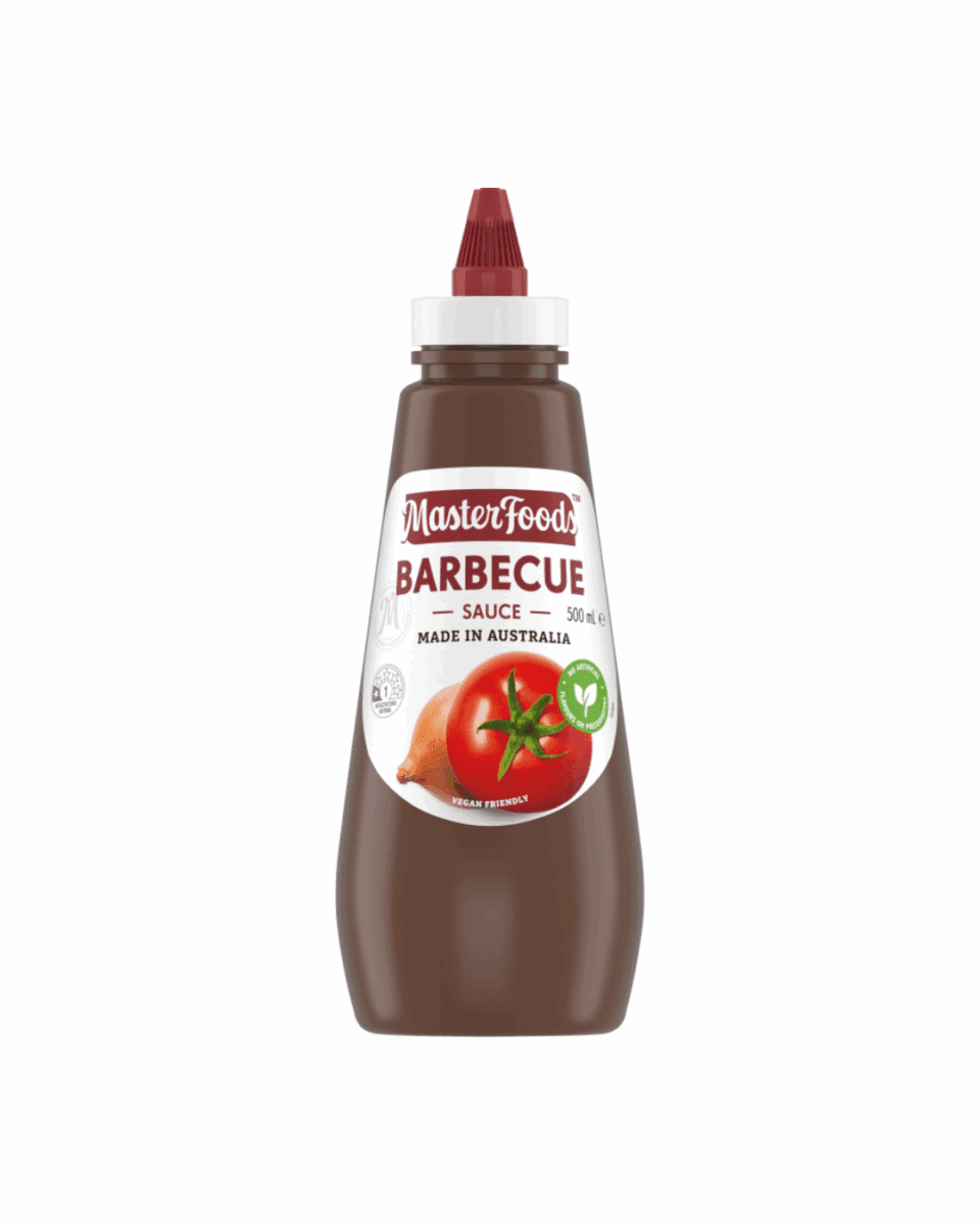 Bottle of MasterFoods Barbecue Sauce, 500ml, with onion and tomatoes on label. Made in Australia.