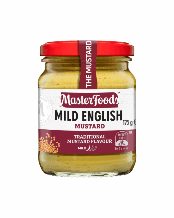 Jar of MasterFoods Mild English Mustard, 175g, with red lid and traditional flavor label.