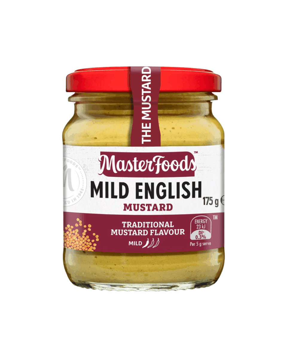 Jar of MasterFoods Mild English Mustard, 175g, with red lid and traditional flavor label.