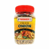 Plastic container of Pandaroo fried onions, red lid, 100g, with vegetable image on label.