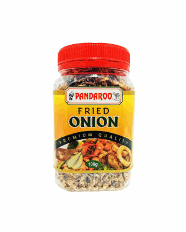 Plastic container of Pandaroo fried onions, red lid, 100g, with vegetable image on label.