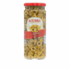 Glass jar of Acorsa sliced green olives with red label and white lid.