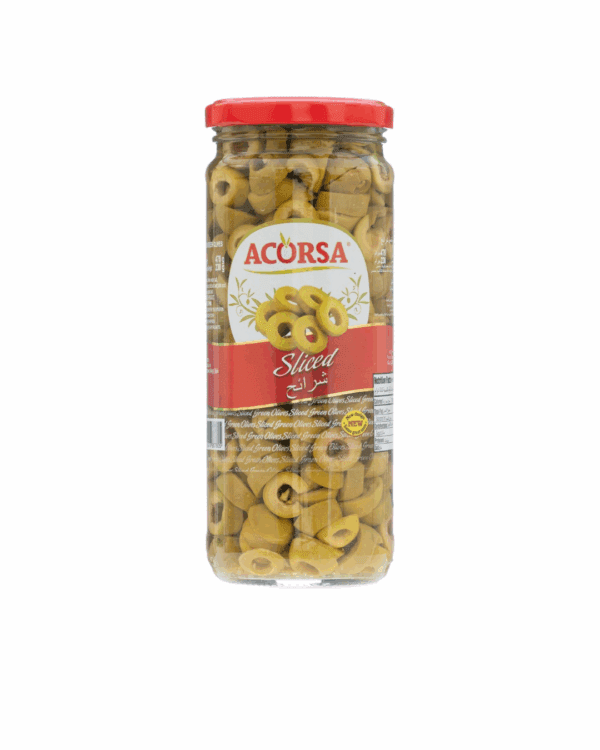 Glass jar of Acorsa sliced green olives with red label and white lid.