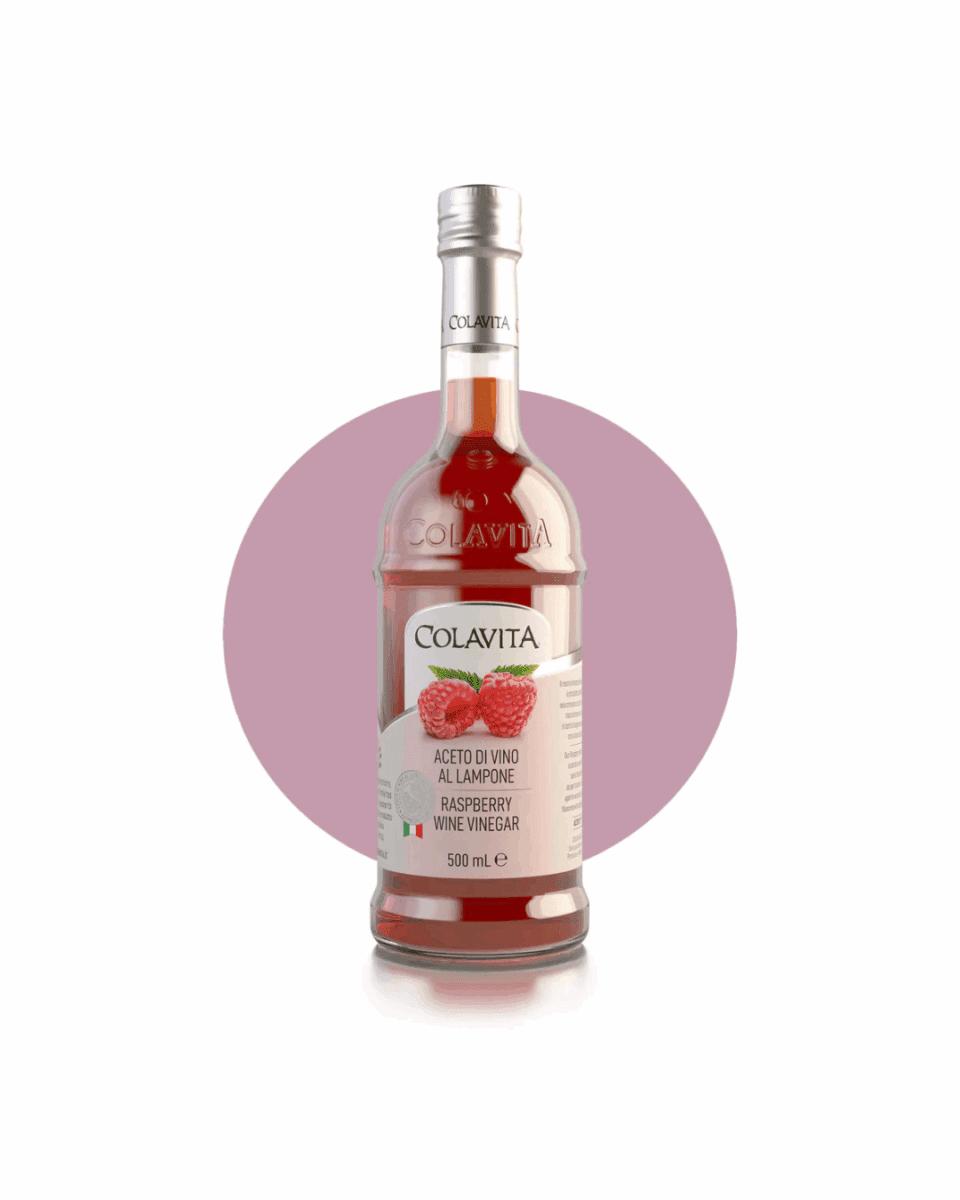 Colavita Raspberry Wine Vinegar bottle, 500ml, Italy, with raspberry image on label.