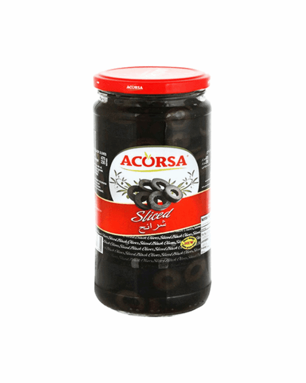 Jar of Acorsa sliced black olives with a white lid and label showing olives.