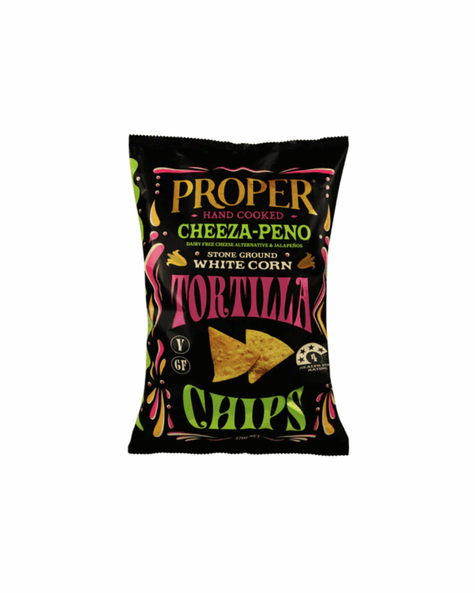 Proper tortilla chips, cheeza-peno flavor, 170g, vegan, gluten-free, compostable packaging.