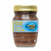 Glass jar of Italian anchovy fillets in olive oil with a yellow lid and blue label.