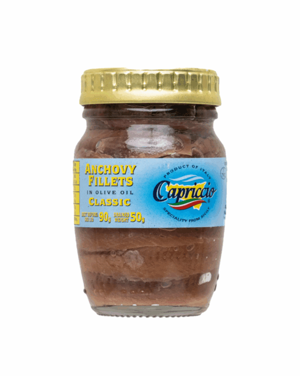 Glass jar of Italian anchovy fillets in olive oil with a yellow lid and blue label.