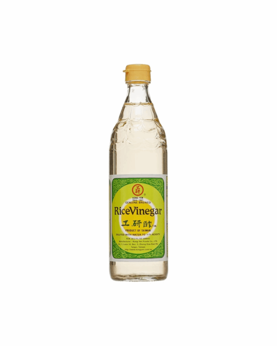 Clear glass bottle with yellow cap and green label, contains rice vinegar, product of Taiwan.