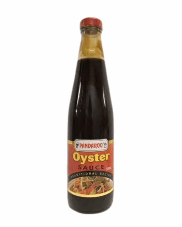Pandaroo oyster sauce bottle with red label, red cap, and dish image on the bottom.