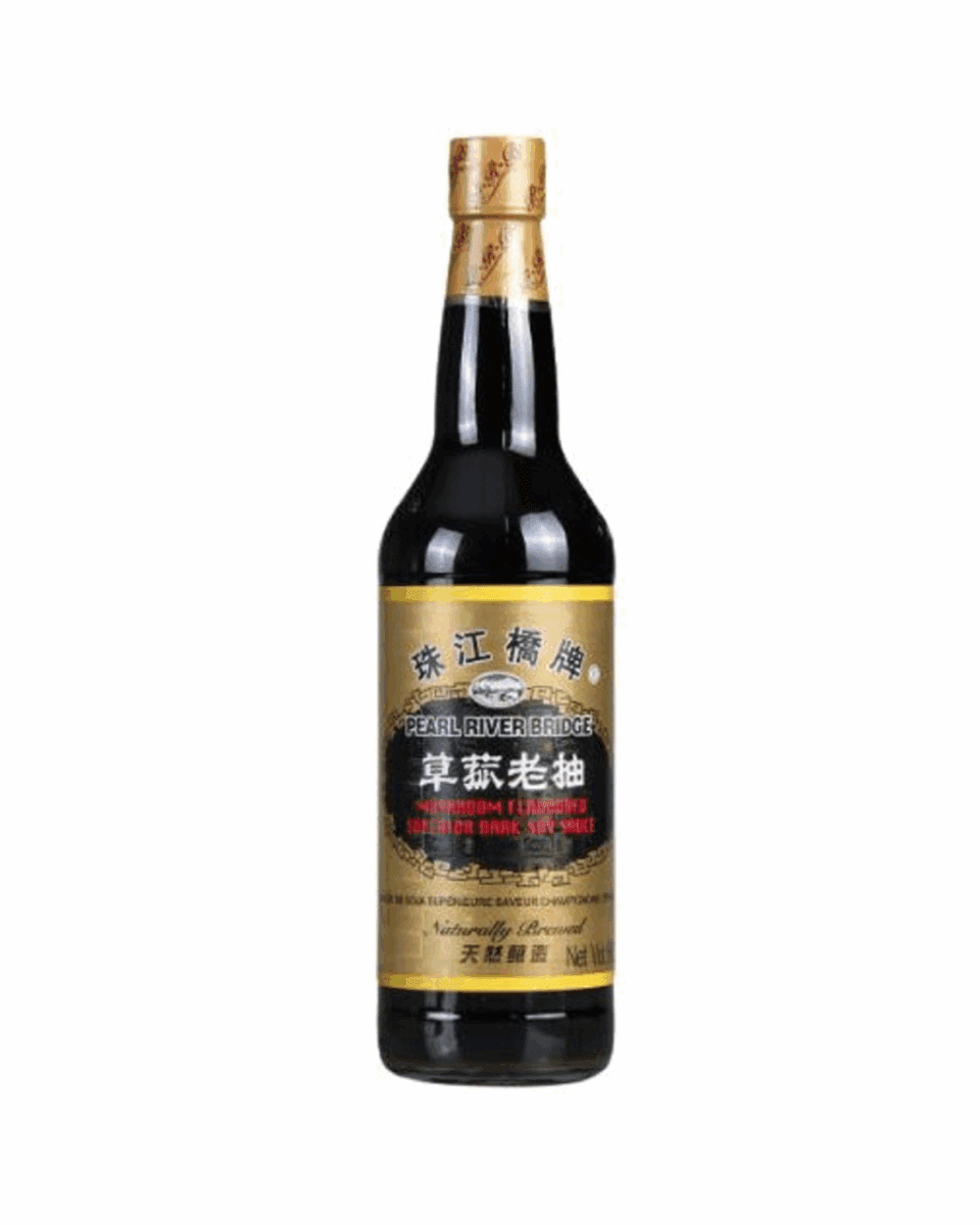 Pearl River Bridge dark soy sauce bottle, gold cap, 500ml, with Chinese and English label.