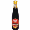 Glass bottle with yellow cap containing sweet soy sauce, red and gold label with dish imagery.