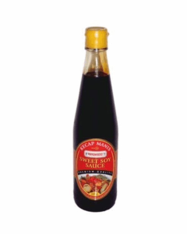 Glass bottle with yellow cap containing sweet soy sauce, red and gold label with dish imagery.