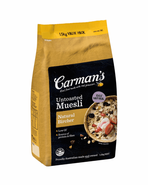 1.5 kg bag of Carman's Untoasted Muesli, Natural Bircher, 100% natural, Australian made.