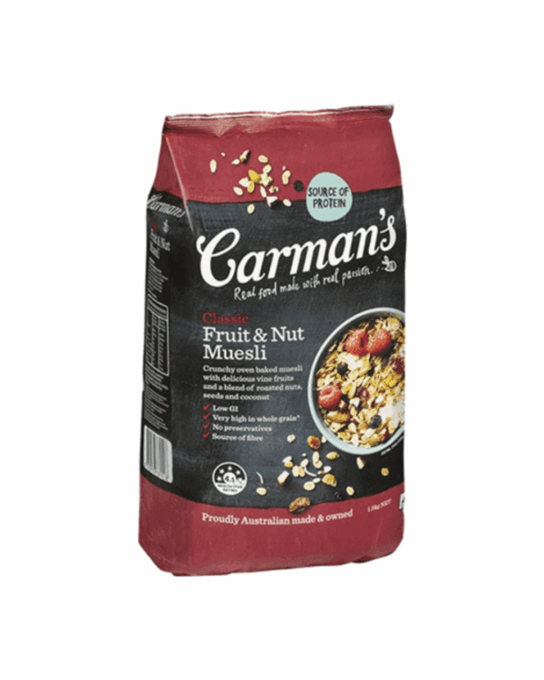 Carman's Classic Fruit & Nut Muesli package, high protein, low GI, Australian made.