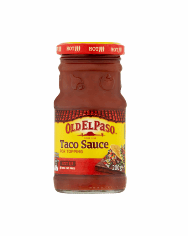 Old El Paso Taco Sauce jar, hot, 200g, red/yellow, 99% fat-free, taco image.