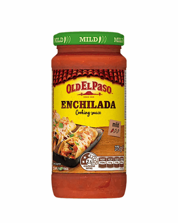 Jar of Old El Paso Enchilada Cooking Sauce, mild cheesy tomato, 375g, 98% fat-free.