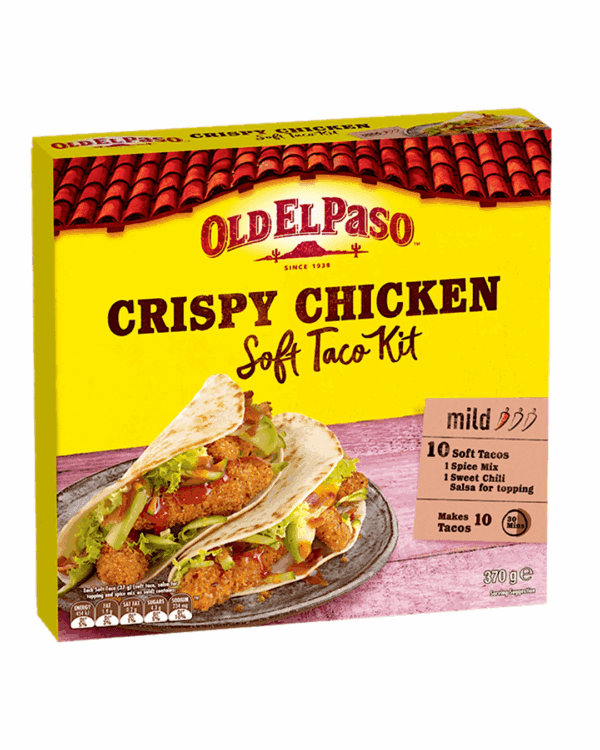 Old El Paso Crispy Chicken Soft Taco Kit, preservative-free, mild, 10 tacos, 370g package.