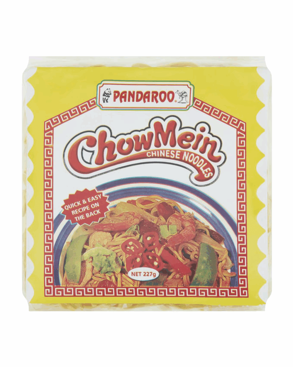 Pandaroo Chow Mein Noodles package, yellow with red border, 227g, quick recipe on back.