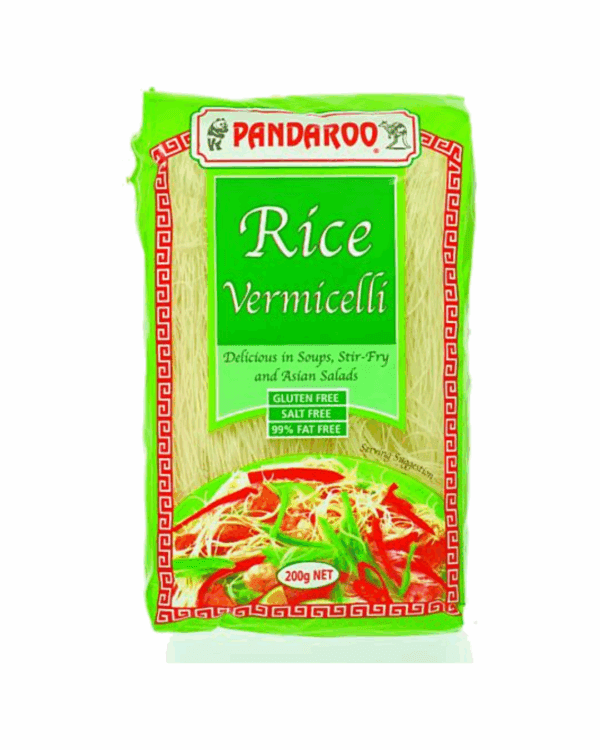 Pandaroo rice vermicelli package, 200g, gluten-free, green with red accents.
