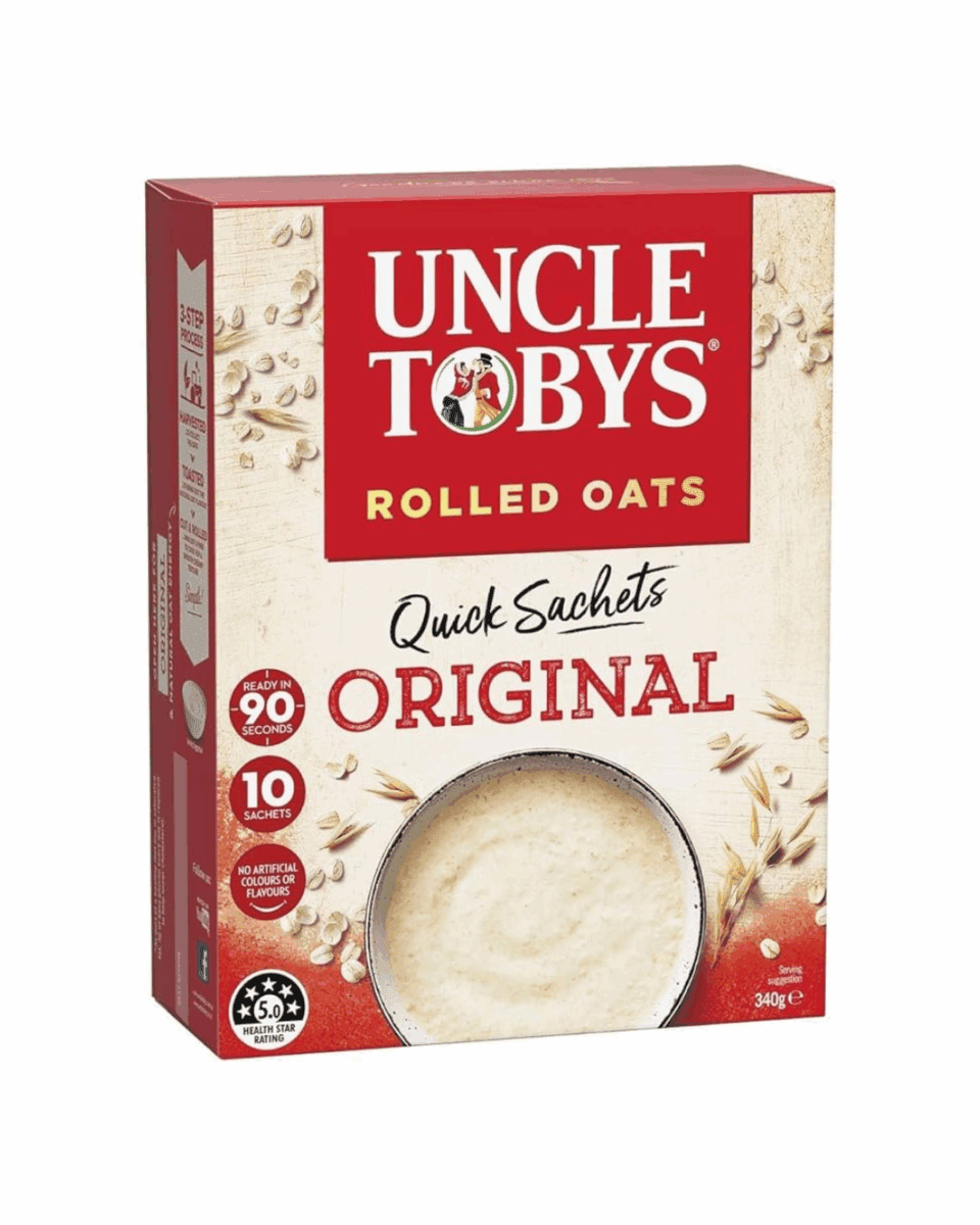 Uncle Tobys Oats Quick Sachets Original box; 10 sachets, ready in 90 seconds, 340g, 5.0 stars.