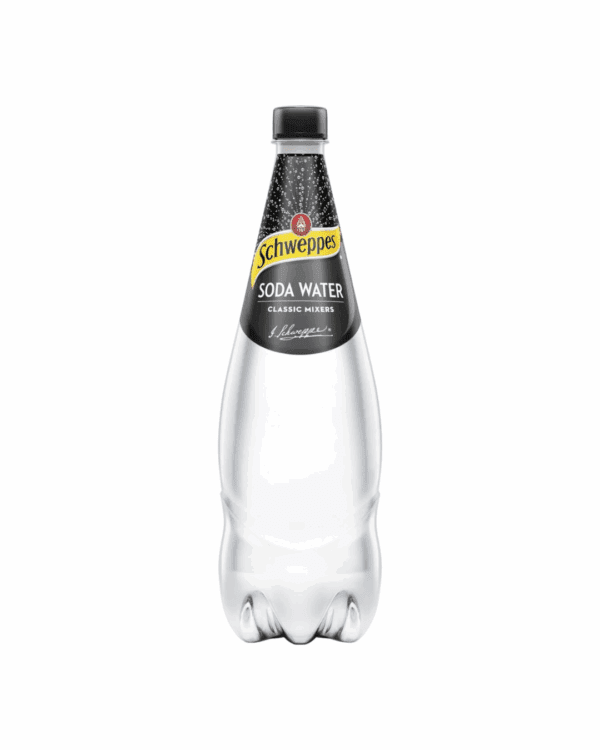 Schweppes soda water bottle with black and yellow label, filled with carbonated water.